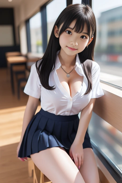 ((Highest quality、8k、masterpiece:1.3))、Dramatic lighting、Beautiful woman、girl、Huge boobs:1.3、(Strong Abs、Slim figure:1.1)、classroom、On the desk、Well deep、Highly detailed fingers、Fingers５Book、非常にDetailed face、Detailed Lip、Detailed eyes、double eyelid、Huge 、B...