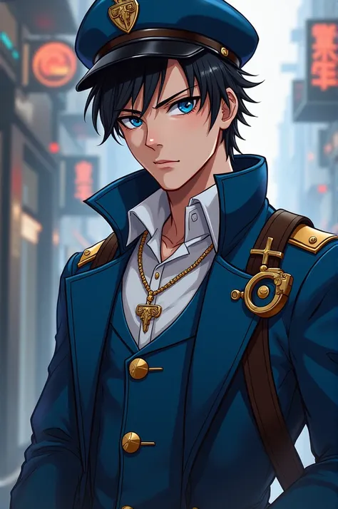 A young man with black hair and beard, white  shirt , dark blue overcoat, blue and black beret, blue chest and shoulder pads. In steampunk anime style 