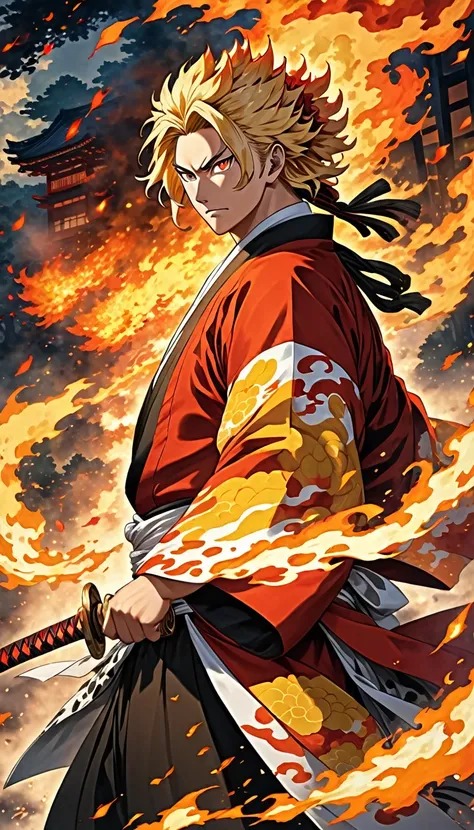 a dynamic and vivid portrayal of Rengoku Kyojuro, the Fire Hashira from "Demon Slayer." He should be depicted in the midst of an intense battle, his stance powerful and confident, embodying his unwavering spirit and commitment to protecting humanity. His h...