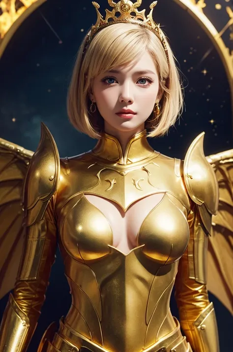 Ultra HD、Ultra-clear、Beautiful Face、Covered entirely in golden armor、Holy warrior in golden armor、Mechanical Golden Wings、Golden Tiara、Golden armor covered in sculptures、Dragon-inspired armor、Heavy golden armor、Green Eyes、Blonde Bob Cut Hair、Big Breasts、be...