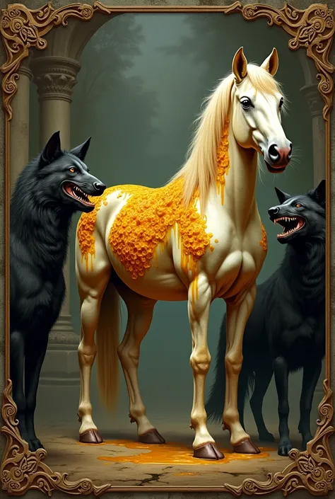 A horse that has beehives in its skin and honey dripping off of it, beside the horse there will be black dire wolves, the art must be in Victorian era paintings, make this a logo.