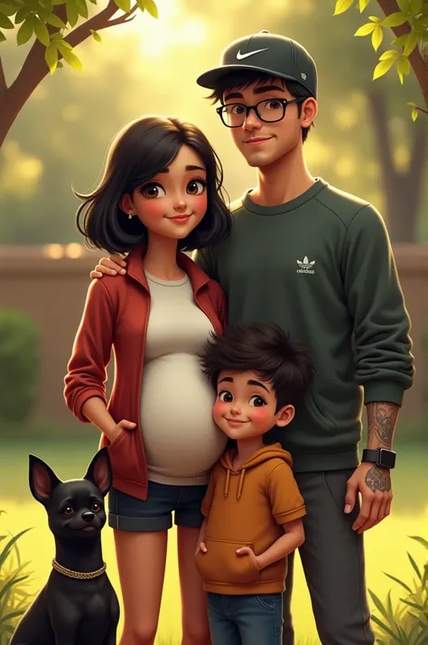 Black-haired girl, short height, pregnant, along with a 4-year-old boy with short curly hair, along with a black chihuahua dog, and along with a man with a Nike flat cap and an Adidas sweatshirt, with reading glasses and tattooed skin