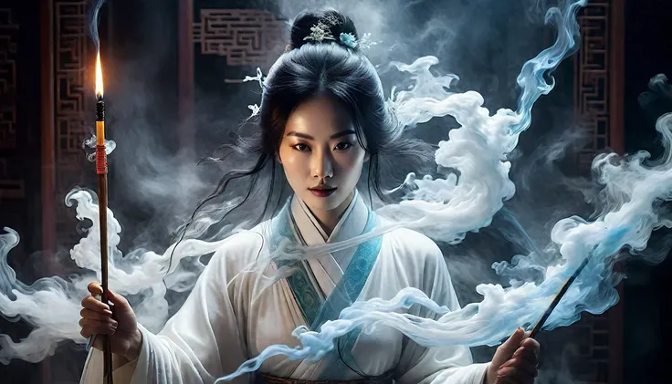 image of a 50-year-old woman wearing a white robe and holding an incense stick, cyansia fantasia, mysterious still images, inspi...