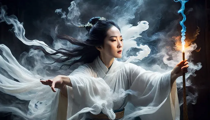 image of a 50-year-old woman wearing a white robe and holding an incense stick, cyansia fantasia, mysterious still images, inspi...