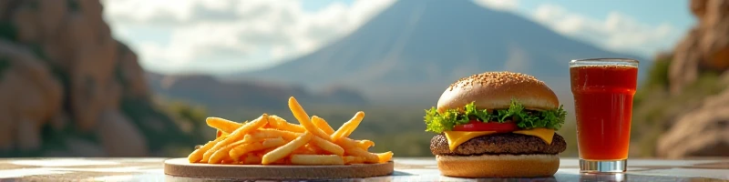 image for computer wallpaper with the theme of Mount Olympus and a table with burger and fries snacks and soda in the theme of Greek mythology with Mount Olympus in the background