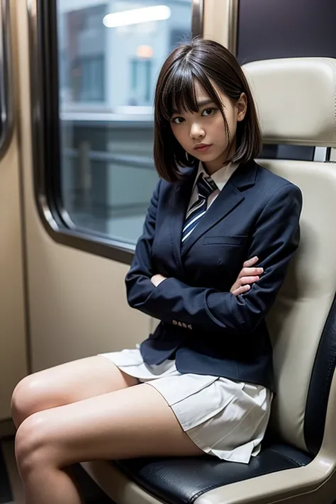 1 female, Thighs, Sitting on a train, school uniform, Realistic, RAW Photos, White shirt, Pleated skirt, Black short socks, loafers, Medium Hair, bangs, View your viewers, Highest quality, Large Breasts, (he has his arms crossed),