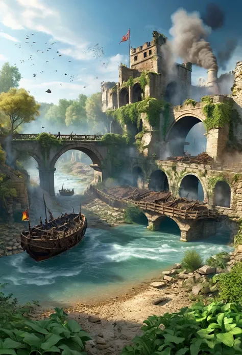 Medieval war ruins filled with smoke on the ground there are broken shields and weapons and some broken stones and plants on the river there are broken ships and blown up Bridges Panoramic color brilliant master quality flawless 3d rendering high precision...