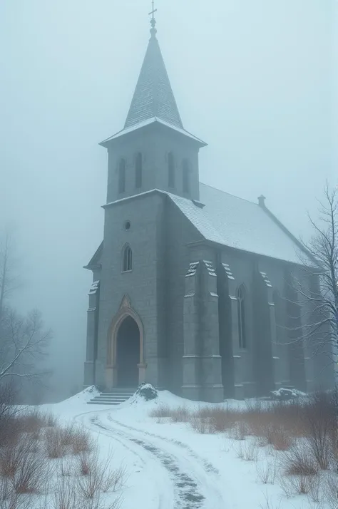 Snowy landscape,Snowy,Fog,Church made of gray stone,Cloudy sky,Liminal space,Eerie,Dark,Photo