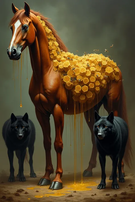 A horse that has beehives in its skin and honey dripping off of it, beside the horse there will be black dire wolves, the art must be in Victorian era paintings, make this a logo.