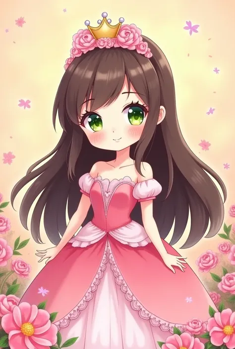 , princess, princess crown, pink, yellow, long hair, dark brown hair, green eyes, lace dress, pink dress, cartoon style, kawaii style, chibi style, drawn style