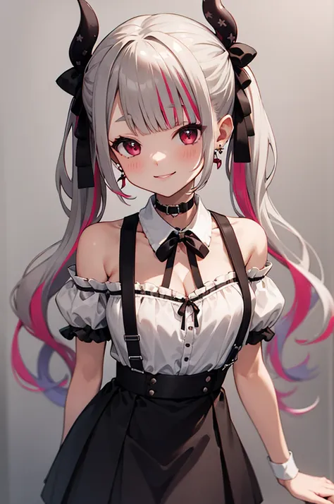 hmnab,  multicolored hair, hair bow, twintails, white shirt, black skirt, , suspender skirt, bare shoulders, earrings, puffy sle...