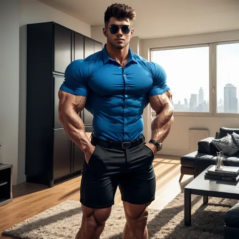 hyper growth, hyper muscles, a very handsome young man, sunglasses, wearing a blue shirt and black shorts, vlp, hands in pockets...