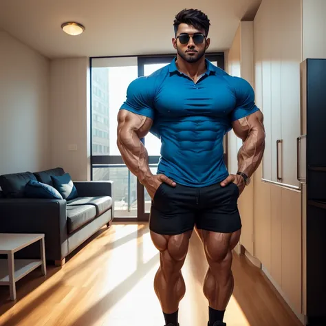 hyper growth, hyper muscles, a very handsome young man, sunglasses, wearing a blue shirt and black shorts, vlp, hands in pockets...