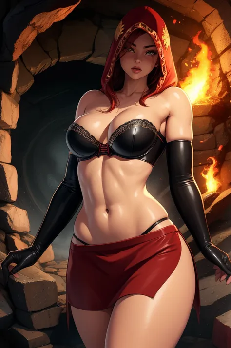 dsorceress, redhair, shadowy face,dark cave, fire, hood, shadowed cute face, mini skimpy strapless bra, slim and athletic body, ...