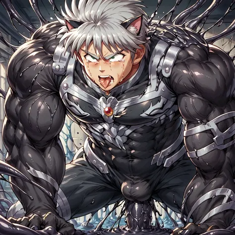 Toei animation style,(((Huge muscles))),Face the enemy,High definitionな顔,Hünkel,Handsome,good looking,((Huge penis,Anal Sex 1.7)),Crying face,Silver Hair,ejaculation,8k,High definition,Masterpiece,Detailed Description,Spike Hair,tall,Under eye paint,countl...