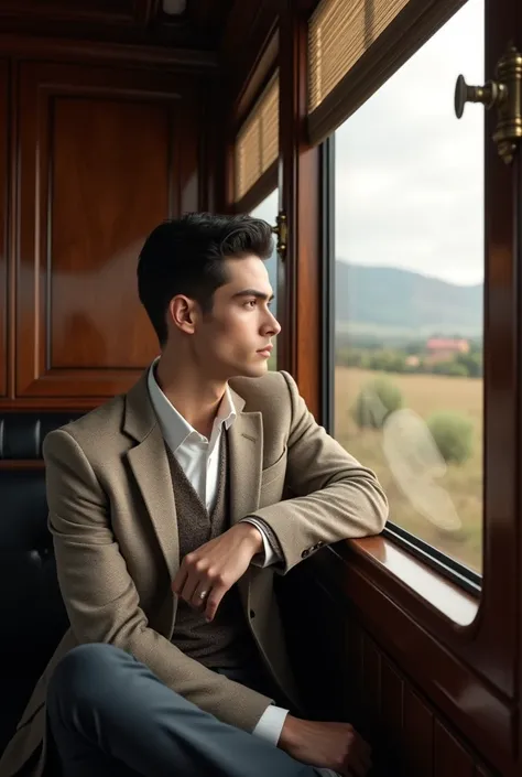 Young handsome and cute white-faced man, handsome 27 year old man riding on a vintage train