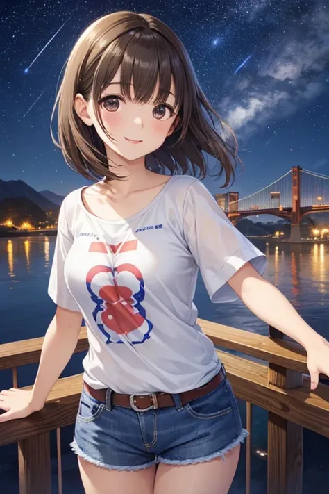 anegasaki nene、Shiny brown hair, short hair, (Beautiful brown eyes、Sparkling eyes, Fine grain)、smile、Ultra-detailed eyes、Highly detailed face, Highly detailed eyes,



Large in the center、明るいsmile、T-shirt and denim shorts、Crossing a large suspension bridge...