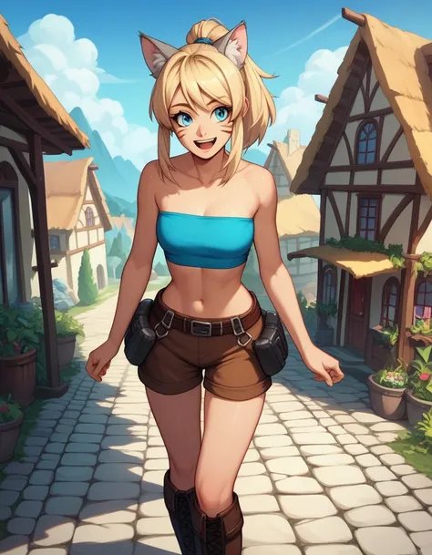 Solo, score_9,score_8_up,score_7_up, score_6_up, score_5_up,source_anime, human, Kat, blue eyes, black whisker marks on face, grey cat ears, blonde hair, hair in ponytail, wearing blue bandeau, brown shorts, adventuring gear, leather boots, laughing, big s...