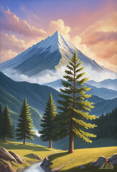 impressive painting of a mountain with trees and water, a detailed painting by Petros Afshar, shutterstock contest winner, environmental art, detailed painting, outlined art, 2d game art, isolated background for logo, strong contours, logo design
