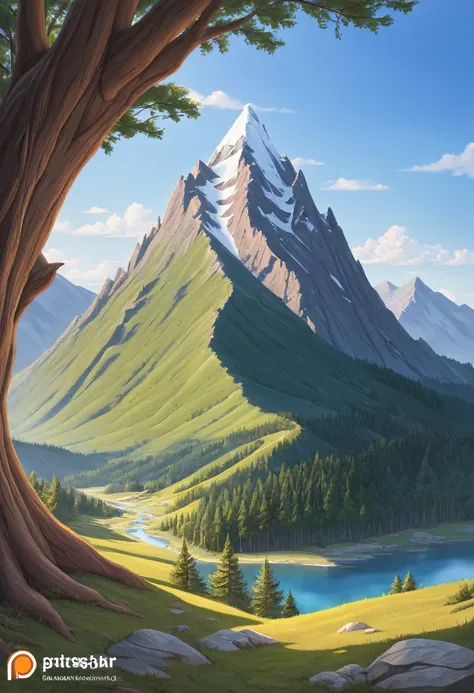 impressive painting of a mountain with trees and water, a detailed painting by Petros Afshar, shutterstock contest winner, environmental art, detailed painting, outlined art, 2d game art, isolated background for logo, strong contours, logo design
