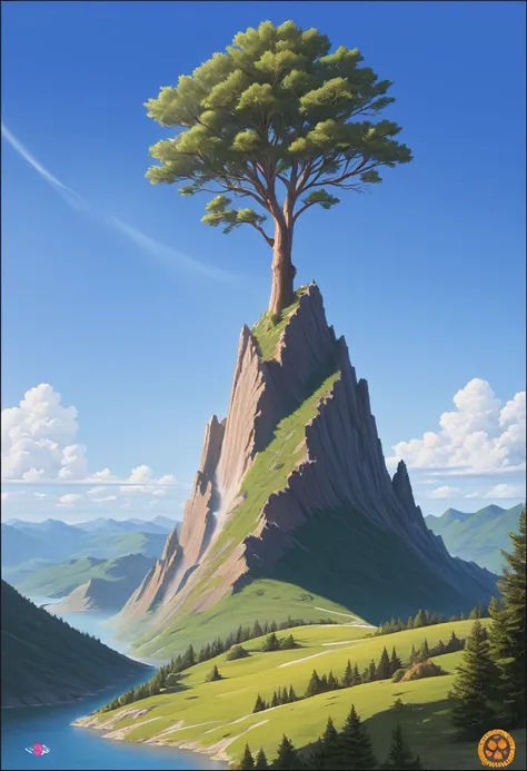 impressive painting of a mountain with trees and water, a detailed painting by Petros Afshar, shutterstock contest winner, environmental art, detailed painting, outlined art, 2d game art, isolated background for logo, strong contours, logo design
