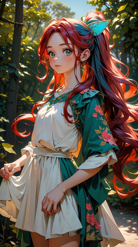 Hight Qualit, master piece, A cute fairy fairy staring at the camera ((15 years old)) Your hair is red ((Red hair)) Blue gradient dress with green, Looking at the screen with a green forest in the background