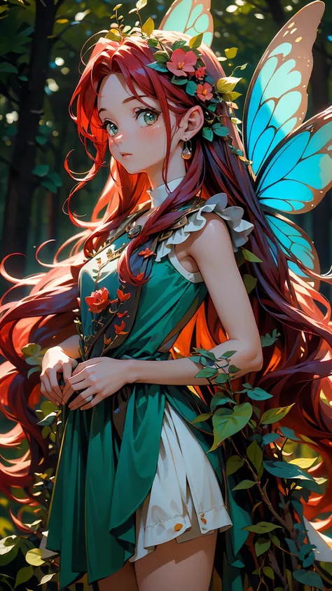 hight qualit, master piece, a cute fairy fairy staring at the camera ((15 years old)) your hair is red ((red hair)) blue gradien...