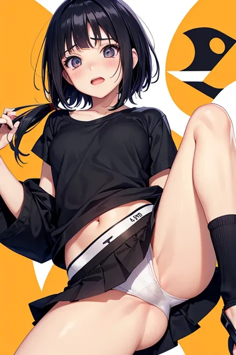 naruto、Hinata、Black Hair、Show your crotch、Plain T-shirt、Miniskirt、White underwear、Blushing、Open your legs、Open your mouth、