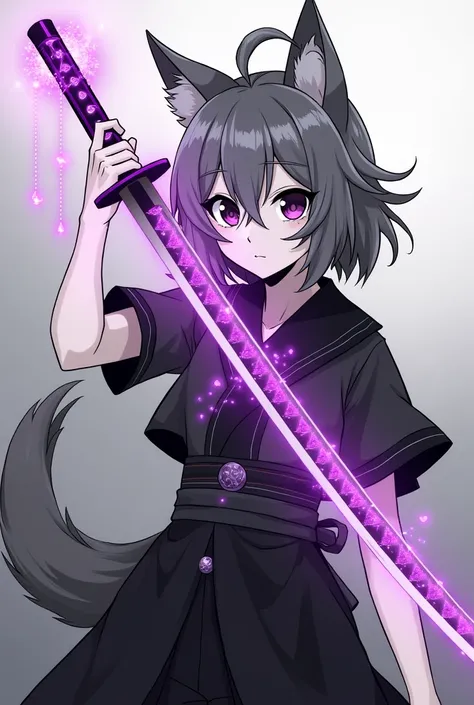 Make a body character, make him monochrome, one eye purple and the other black, the black eye has a black spot, he has gray hair with black streaks, he has wolf ears, he has a katana embedded with purple rays, several rays and make him with a non-flashy he...