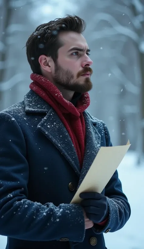 a 21-year-old young rich man with a small beard and big mustache wearing a very lush bluish pent coat and a red muffler, looking out into the snowy distance, holding the note close to his chest. The snow continues to fall, and the atmosphere remains dark a...