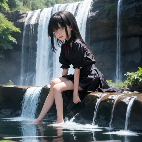 "9-year-old vampire girl with blue eyes and waist-length silver and black hair, sitting by the waterfall alone mini skirt small ...