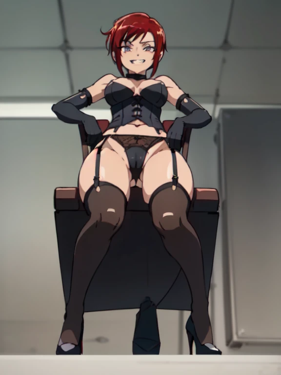 ((Highest quality)), ((masterpiece)), (detailed), prison, One girl, ((bare shoulders)), ((black bustier)), ((black stockings)), ((black g-string)), ((black high heels)), ((black garter belt)), ((black elbow gloves)), ((chair)), ((female sitting in a chair)...