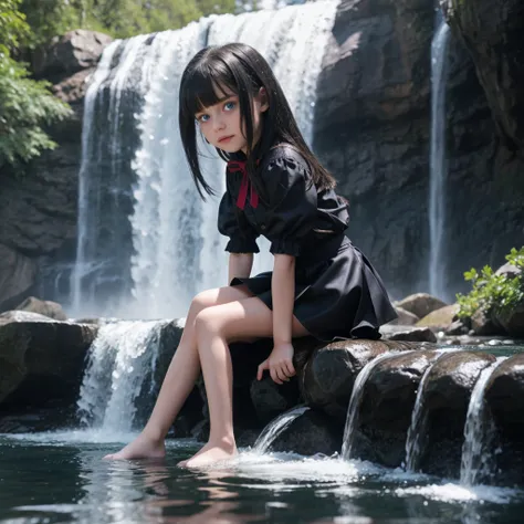 "9-year-old vampire girl with blue eyes and waist-length silver and black hair, sitting by the waterfall alone mini skirt small ...