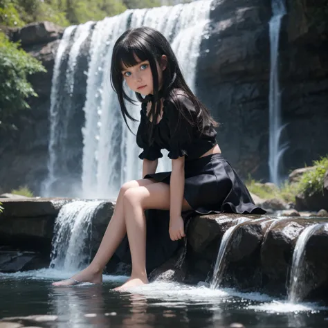 "9-year-old vampire girl with blue eyes and waist-length silver and black hair, sitting by the waterfall alone mini skirt small ...