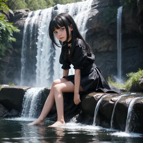 "9-year-old vampire girl with blue eyes and waist-length silver and black hair, sitting by the waterfall alone mini skirt small ...