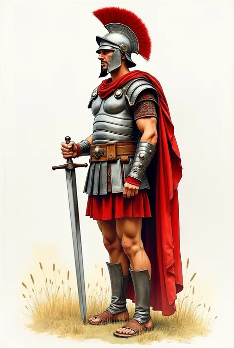 Draw a Roman soldier in the style of Milo Manara&#39;s drawing, painted in watercolor