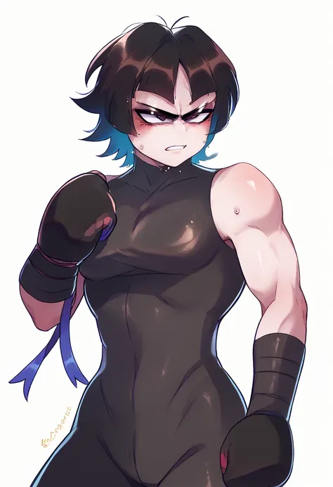 a fighter white pale skin, skinny buff tomboy girl wearing black latex fighting suit with prominents breasts,thick, in an 90’s s...