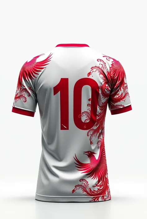 a white football shirt with the number 10 on the back with phoenixes scattered on the shirt with red details also scattered on the shirt without a player with a white background