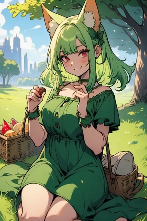 Perfect face. Perfect hands. A light green haired woman with red eyes with green fox ears and a green fox tail in a cute summer dress is smiling while picnicking in the park