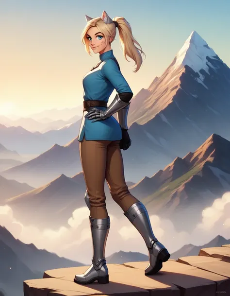 Solo, score_9,score_8_up,score_7_up, score_6_up, score_5_up,source_anime, human, Kat, blue eyes, black whisker marks on face, silver grey cat ears, blonde hair, hair in ponytail, wearing blue tunic, brown pants, leather gauntlets, adventuring gear, leather...