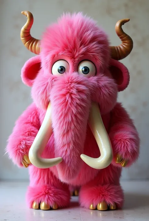 A mammoth-shaped coffee pot, It&#39;s all wrapped in pink fur, It has eyes and horns and the throat is where the liquid comes out , the object is a coffee pot