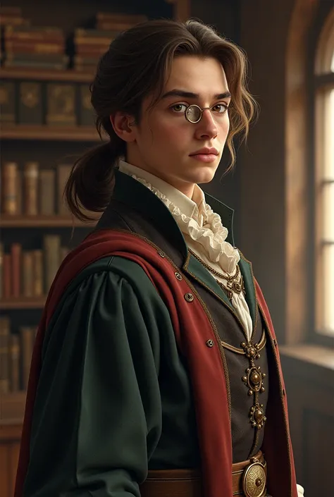 A young man with brown hair tied in a low ponytail over his shoulder, brown eyes with a monocle, dressed in medieval era clothing. 