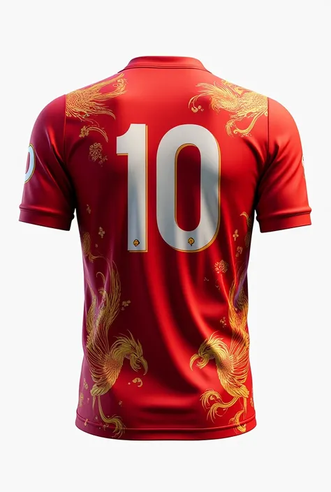 a red football shirt with the number 10 on the back with phoenixes scattered on the shirt with white details also scattered on the shirt without a player with a white background