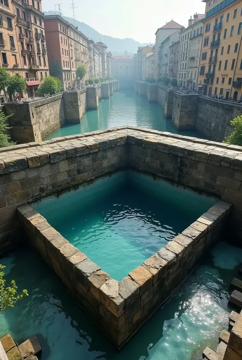 square-shaped well with water in the city that is above ground and the wall is one meter higher than the water level
