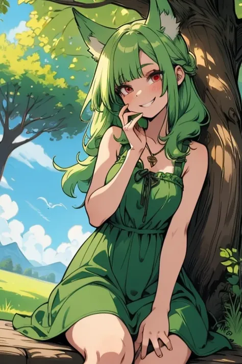 Perfect face. Perfect hands. A light green haired woman with red eyes with green fox ears and a green fox tail in a cute summer dress is smiling while reading underneath a tree in the park
