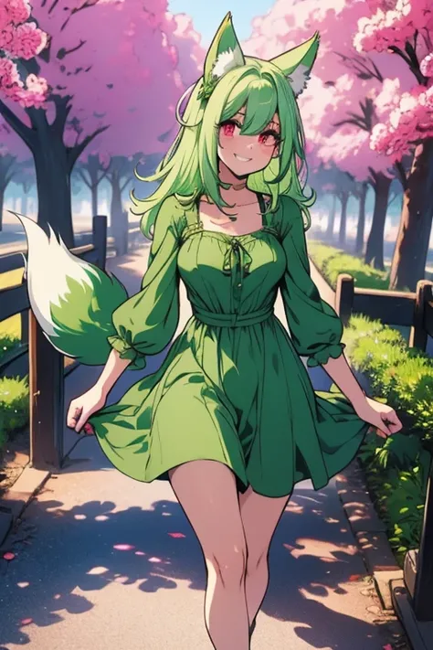 Perfect face. Perfect hands. A light green haired woman with red eyes with green fox ears and a green fox tail in a cute summer dress is smiling while walking in the park
