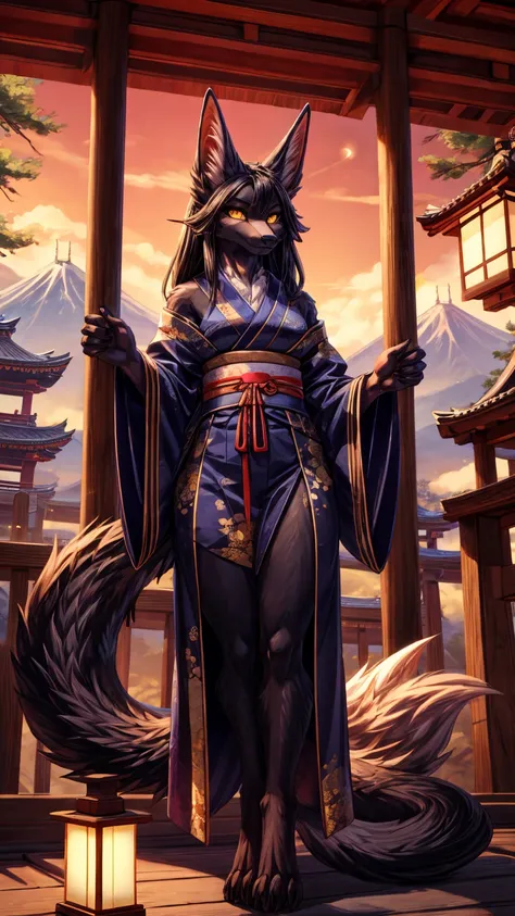 Masterpiece Best quality, the best definition to add aesthetic and lighting details, dark kitsune, Black girl jackal, teen girl, ,black body, japanese shrine landscape mt fujisan al fondo add_detail, golden tattoo body, sensual eyes, yellow pupil, glowing ...