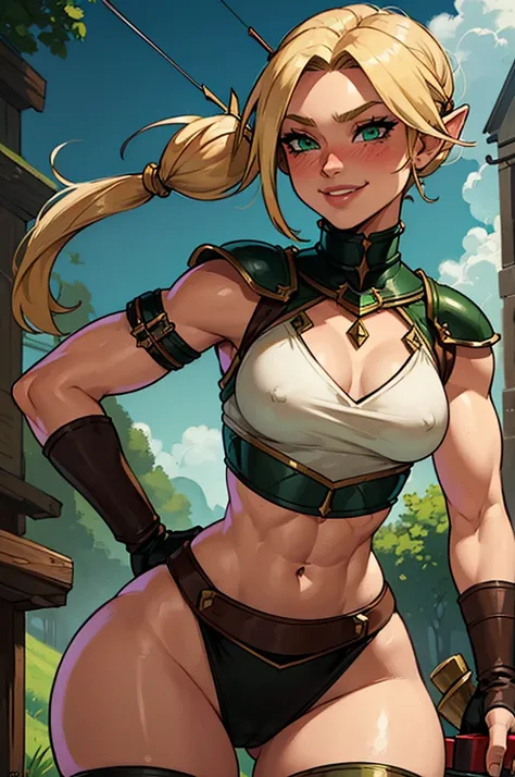 a (((small chested girl))) with ((muscular body)),faint six pack,wide hips,thick thighs,blonde hair,green eyes,medieval background,((light leather armor)),smiling,heavy blush,pigtails, (((longbow)))