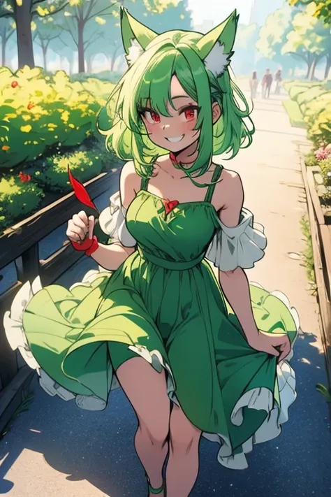 Perfect face. Perfect hands. A light green haired woman with red eyes with green fox ears and a green fox tail in a cute summer dress is smiling while walking in the park