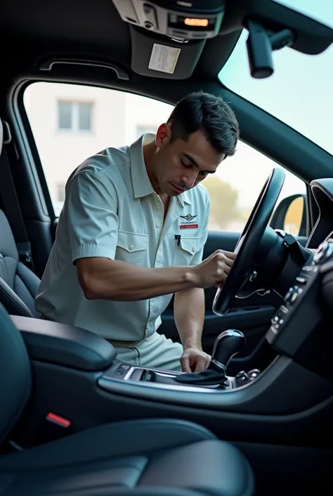 Guy detailing the inside of a car with professional detailing uniform